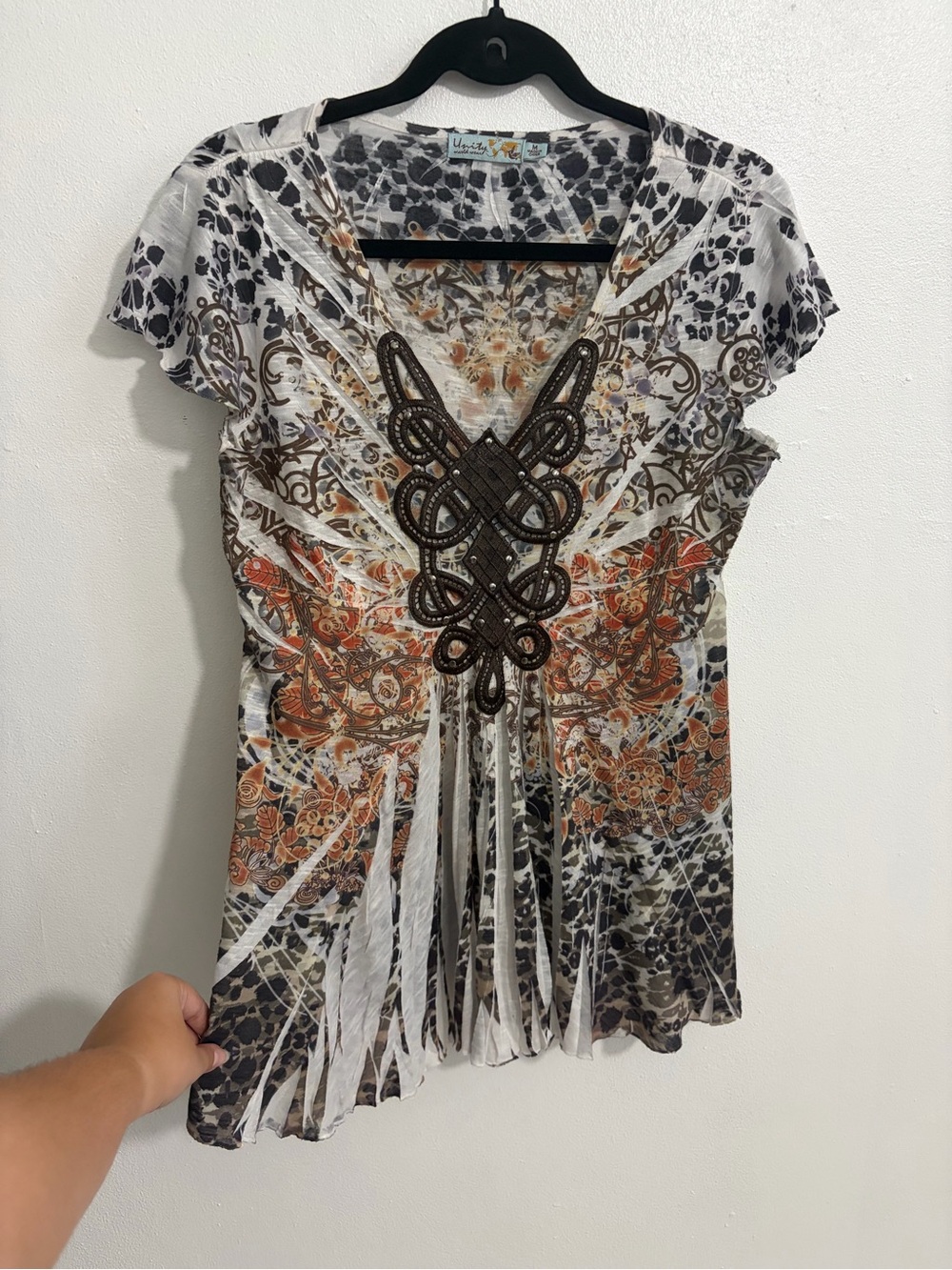Unity World Wear Y2K Boho Abstract Print Embellished Top White and Brown
